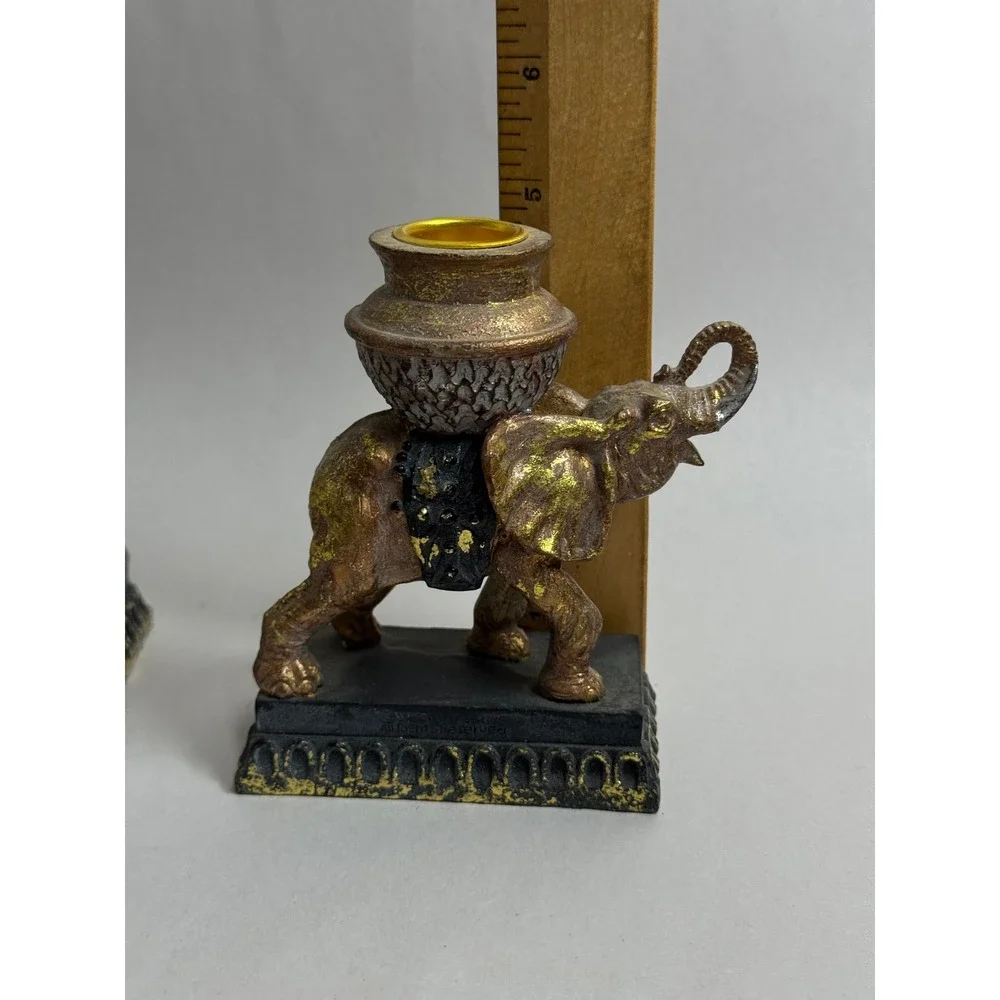 Vintage Elephant Candlestick Holders Pair Ornate Gold Black‎ Resin